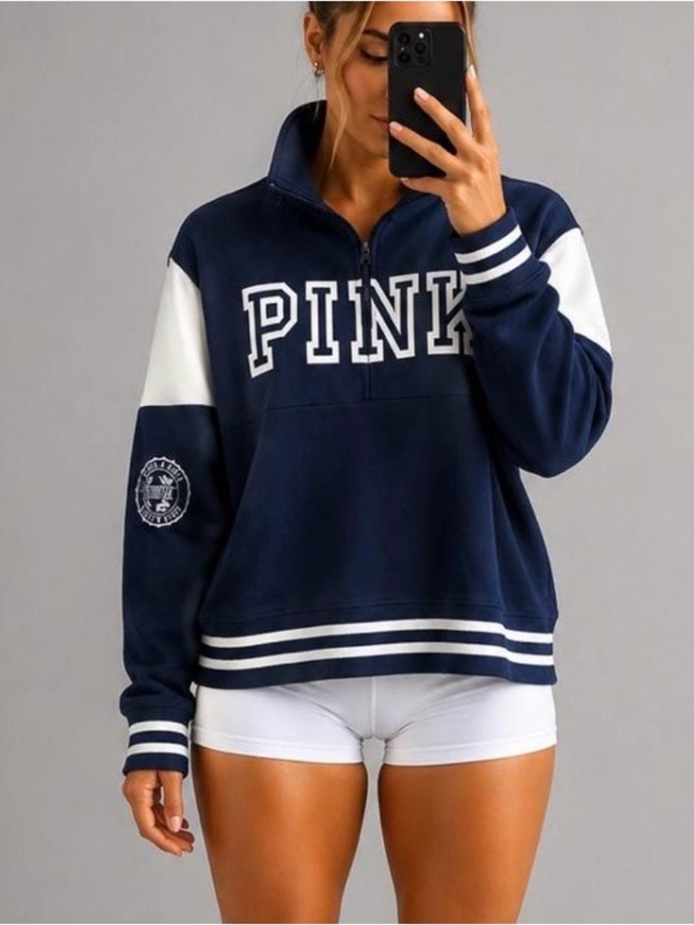 PINK Victoria's Secret Navy and White Half-Zip Pullover Sweatshirt with pockets